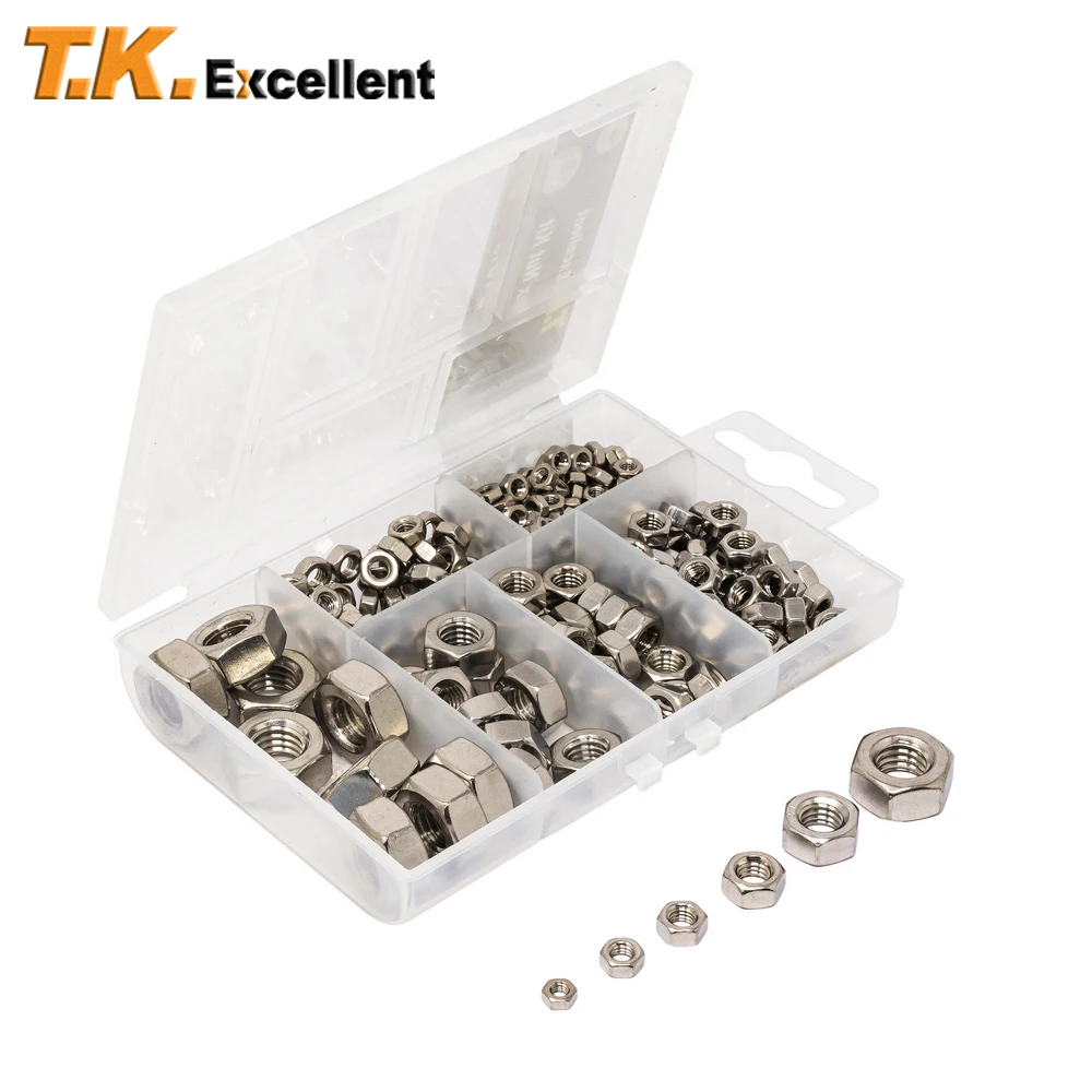 T.K. Excellent 304 Stainless Steel Hex Hexagon Nuts M3 M4 M5 M6 M8 M10 Kits ,240 Pcs Hex Hexagon Self locking Nut Kit