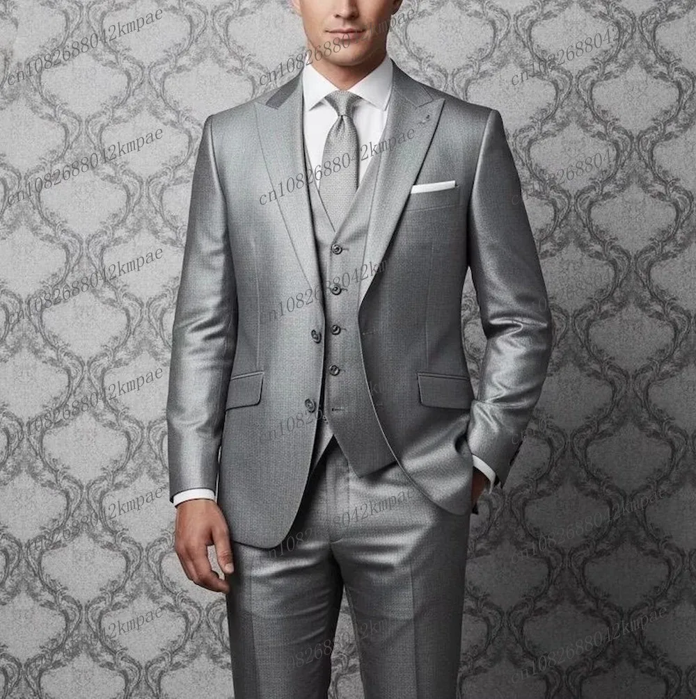 

Grey Acetate Satin Formal Men Suit Groom Groomsman Wedding Party Prom Business Male Tuxedos 3 Piece Set Blazer Vest Pant