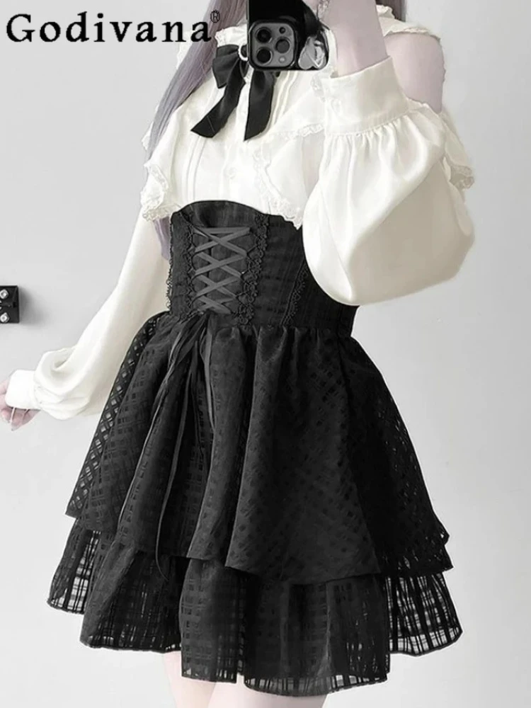 

Gothic Dark Subculture Girl Black Lace Edge Long Sleeve Shirt Spring Autumn High Waist Lace-up Age-reducing Versatile Skirt Sets