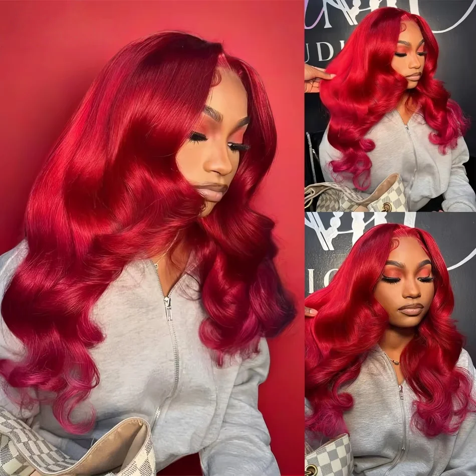 바디 웨이브 99J 버건디 13x6 HD 레이스 프론탈 인모 가발 13x4 HD 레이스 레드 레미 브라질리언 인모 프리플럭 가발 여성용