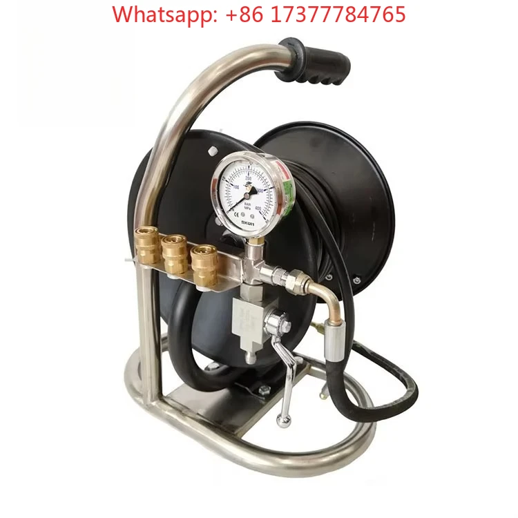 Power Washing Hydro Jetting Reel, Mini Compact Design with Carrying Handle, Pressure Gauge and Nozzle Rack