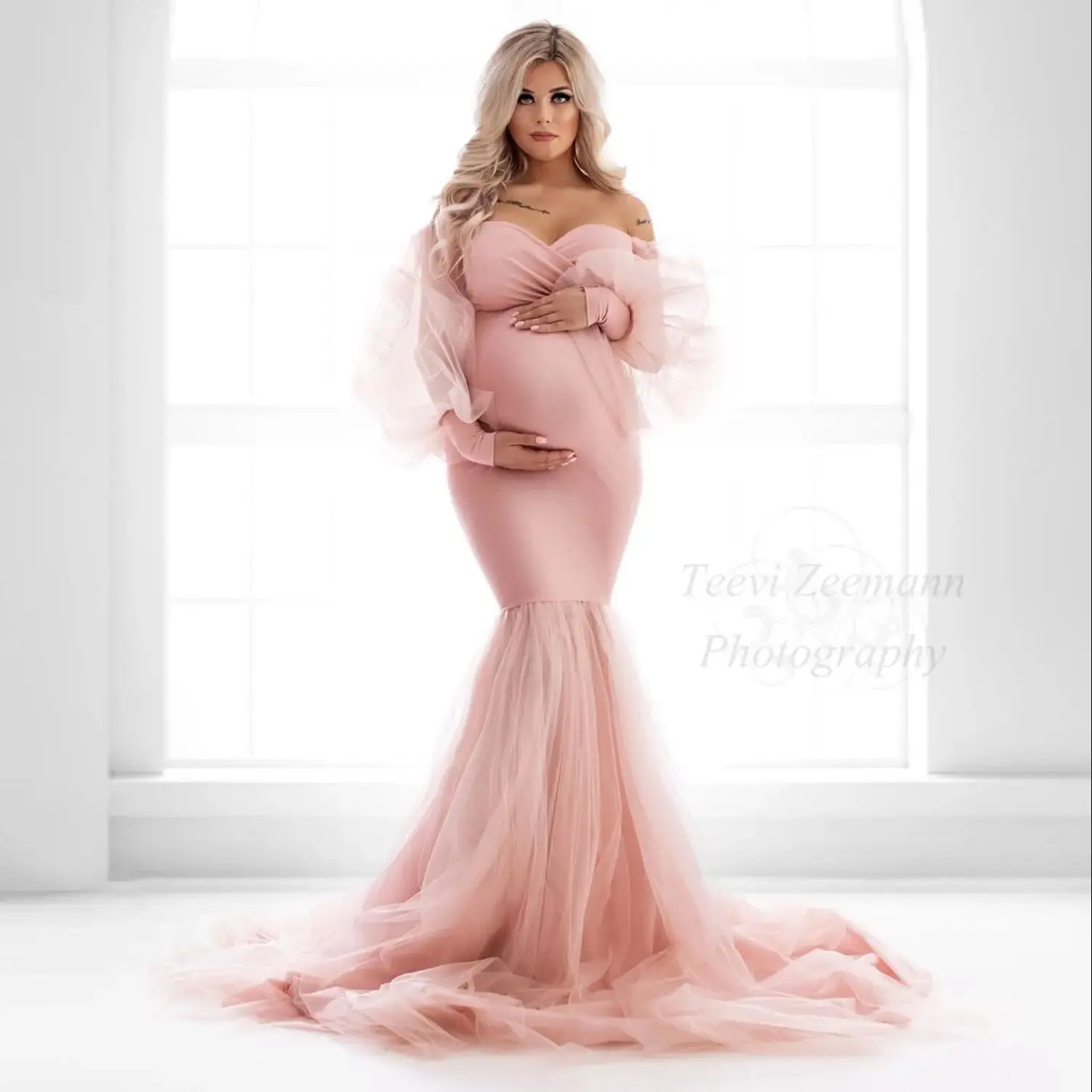 

Vintage Pink Evening Dresses Off Shoulder Long Sleeves Spandex Pregnant Women Photo Robes Sexy Floor Length Baby Shower Gowns