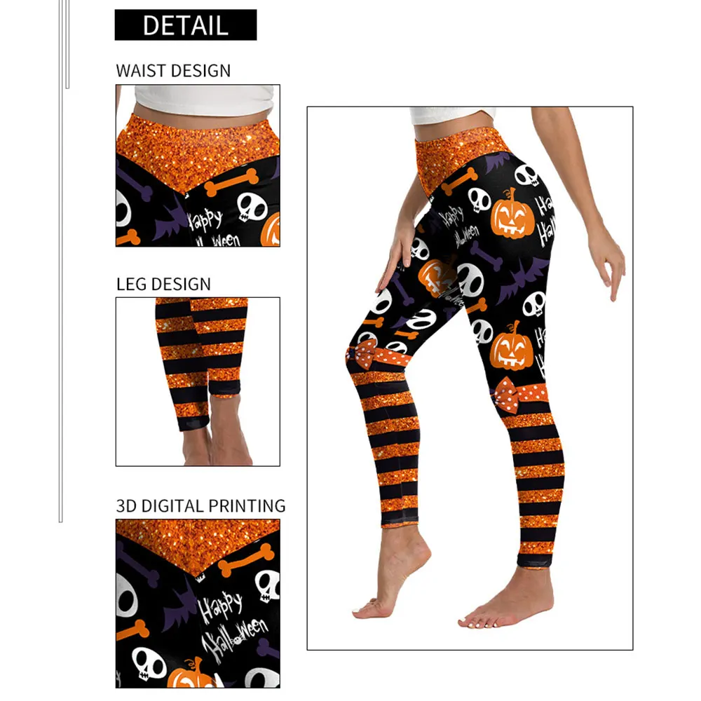 Women'S Casual Pants Leggings Halloween Style Funny Skull Stripes Pumpkin Head Print Color Matching Pants Sports Festival