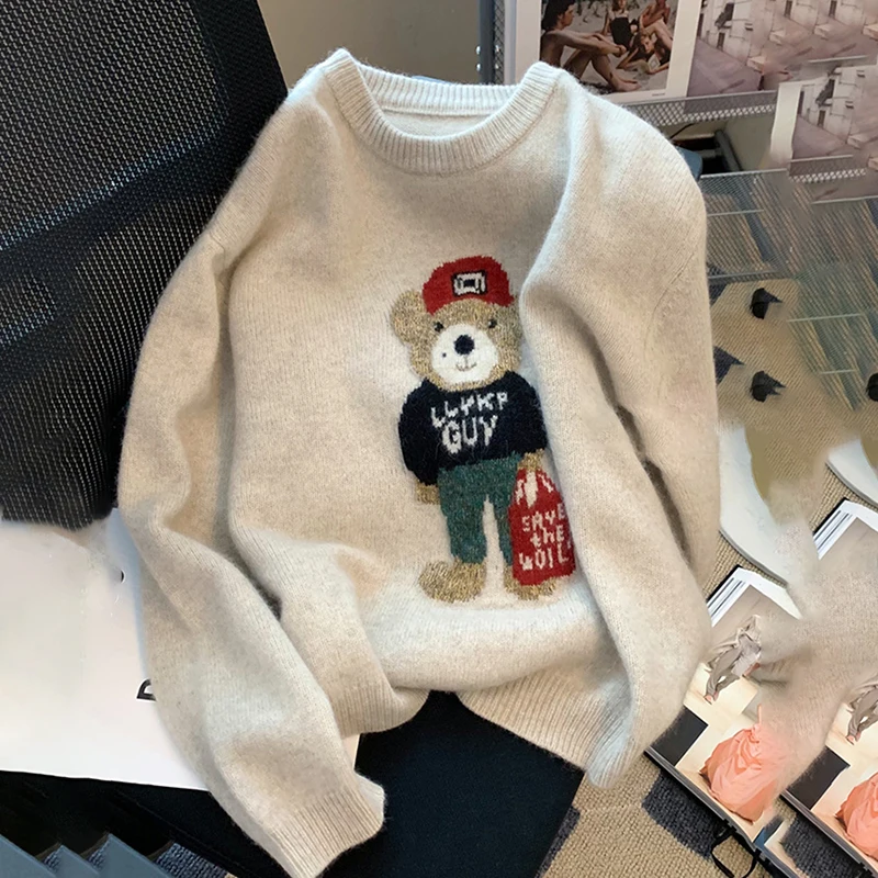 

Women O-neck Cartoon Bear Sweater 2022 Winter Patchwor Harajuku Korean Style Oversized Long Sleeve Pullover Sueters For Womens