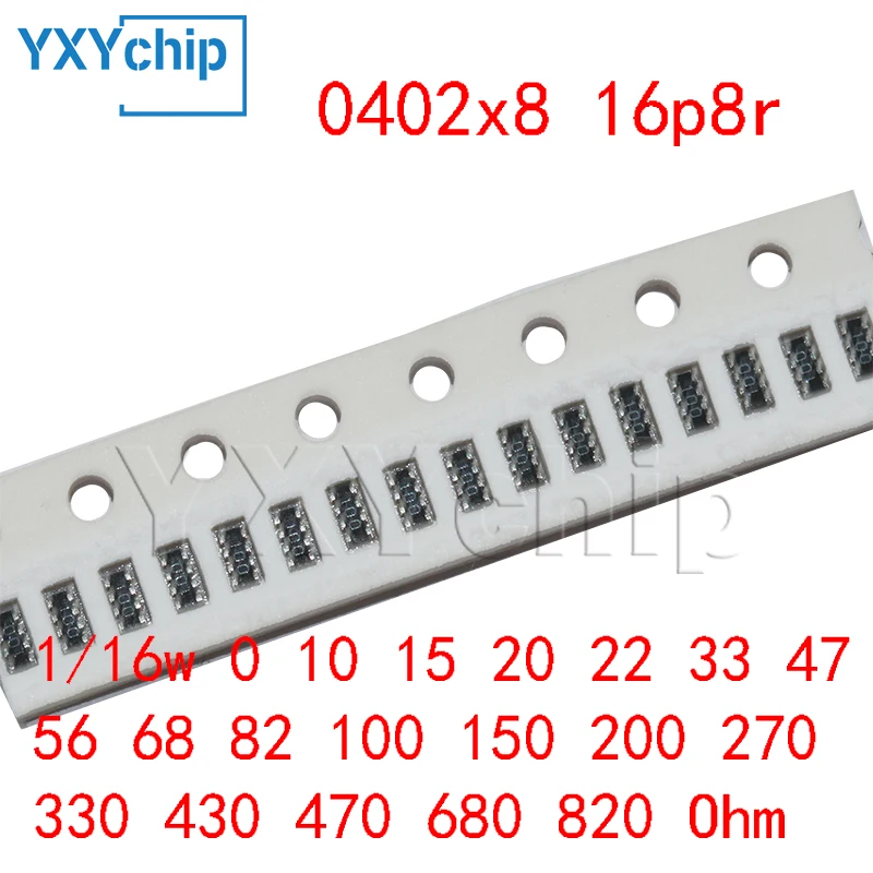 Puce Résistances Réseaux, 0402x8 16p8r 5%, 1/16w 0 10 15 20 22 33 47 56 68 82 100 150 200 270 330 430 470 680 820 Ohm, 50 Pièces