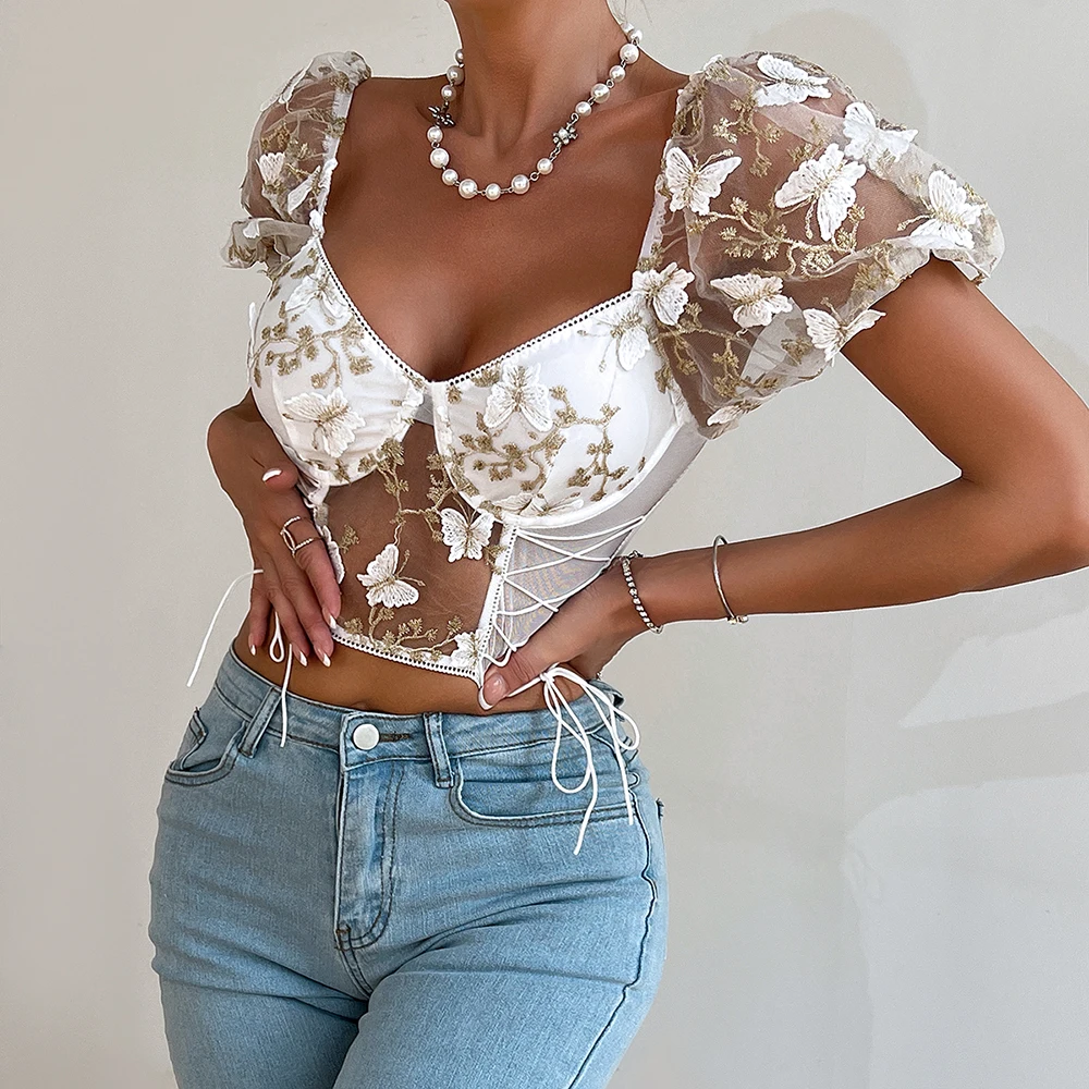 

Street Style Bufferfly Embroidery Puff Sleeve Crop Top Tank Women Short Sleeve Sexy Blouse Corset