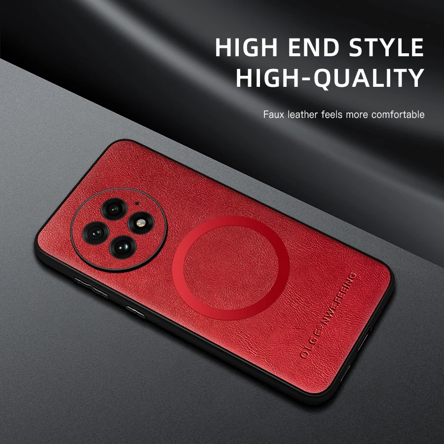 

For OnePlus 11 12 13 fine hole PU cow pattern leather magnetic ring soft edge anti-drop anti-fingerprint phone case