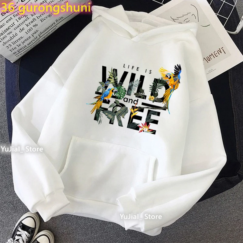 Life Is Wild And Free 왕관 앵무새 프린트 스웨터 여성 버드 애인 모자 후드 티 하라주쿠 카와이 옷 Coa