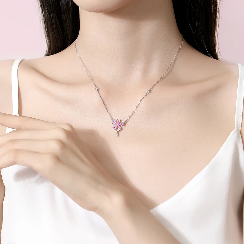 NEW Pink Peach Blossom Flower Necklace Women 925 Sterling Silver Light Luxury Sweet Fashion Design Original Plum Sweetheart Gift