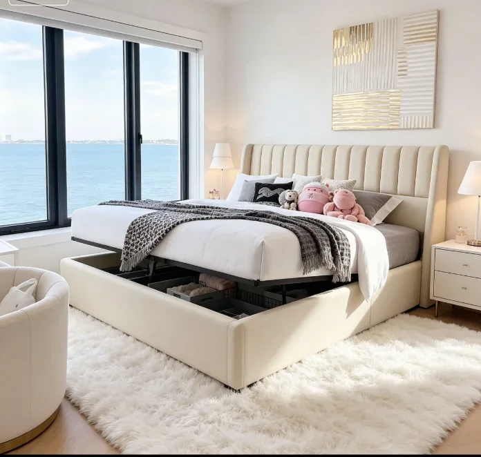 Letto matrimoniale Fangange, 160 x 200 cm, letto con sistema di stoccaggio a scomparsa, imbottito, ideale per ragazzi, struttura funzionale con rete a doghe, rivestimento in lino, senza materasso