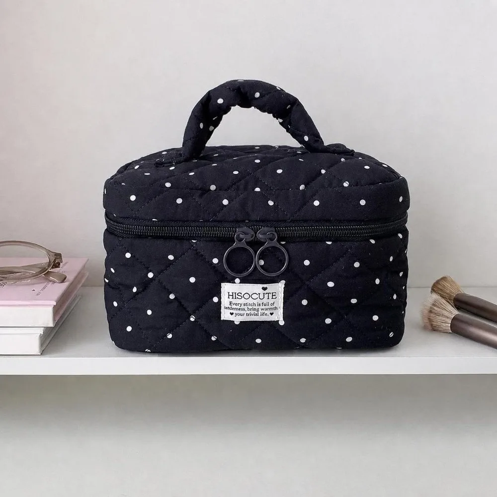 New Polka Dot Pattern Quilted Makeup Bag Large Capacity With Handle Cosmetic Bag Multipurpose Travel Toiletry Organizer Women