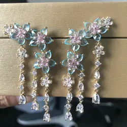 Cubic Zircon Small Blue Flower Fahion Tassel Earring for Women