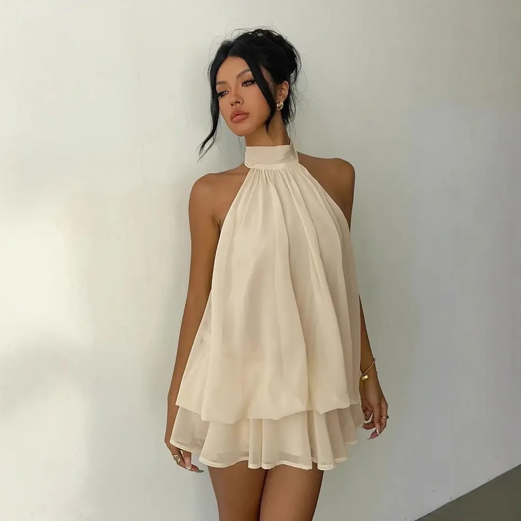 Women's Halter Neck Dress Backless Tie-Front Chiffon Sheer Mini Skirt Fashionable Sexy Y2K Vintage Cute Party Birthday Dress