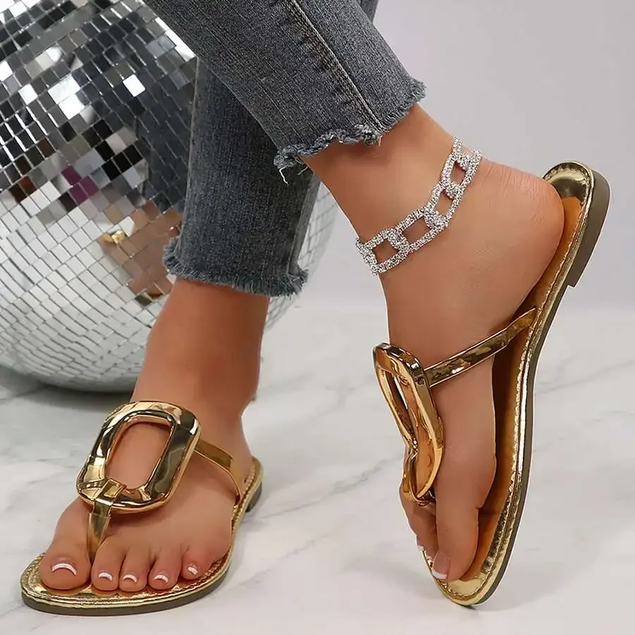 

Womens Gold Tone Thong Sandals With Crystal Ankle Chain Flat Summer Dressy Casual Slides