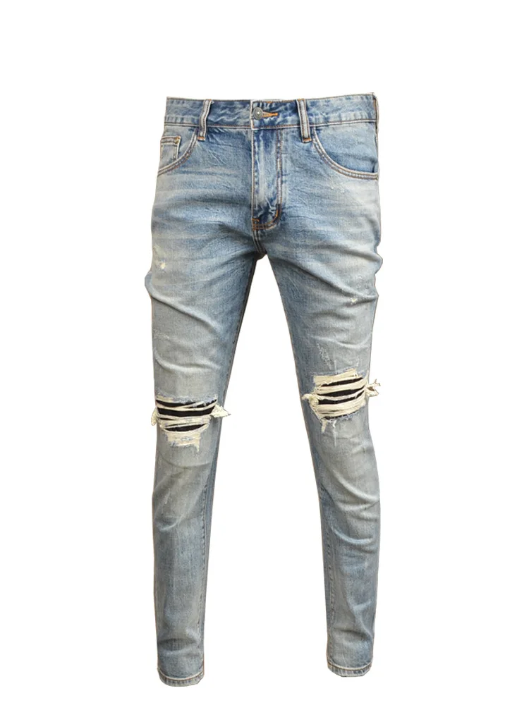 Ripped Jeans Men's Retro Trendy Slim-Fit High-End Korean Style Casual Light Blue Skinny Tappered Pants