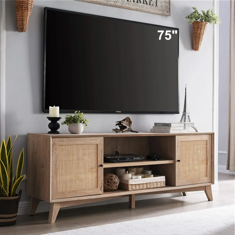 

TV Stand for 75+ Inch TV, Mid Century Modern Entertainment Center with Natural Rattan Door, Storage Shelves, Large Boho Medi