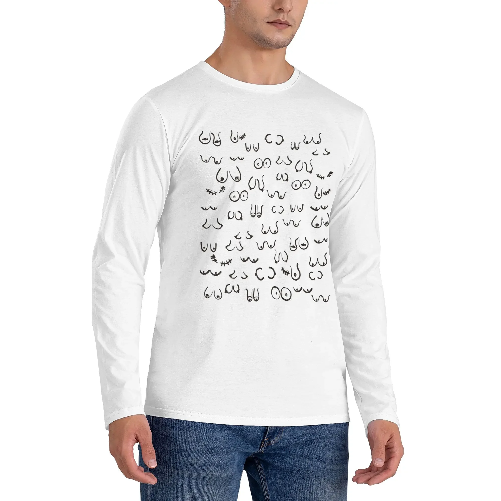 

Boobs Sketch Black and White Men's Long Sleeved T-shirt Casual Round Neck T shirts Spring and Autumn Men tops