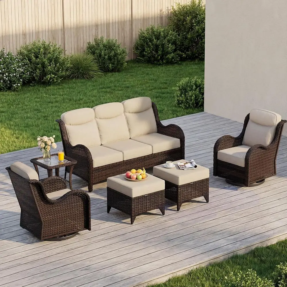 

6-Piece Outdoor Patio Furniture Set with Thick Cushions, Weather-Resistant Wicker High Back Swivel Rocker Chairs, Suitable for D