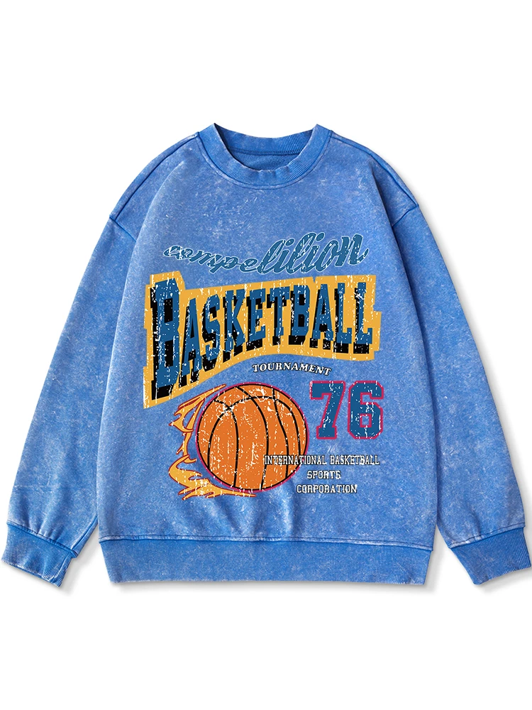 

Basketball Competition Printed Washed Distressed Sweatshirt Male Autumn Crewneck Retro Hoodies Casual Oversized Sportswear Men