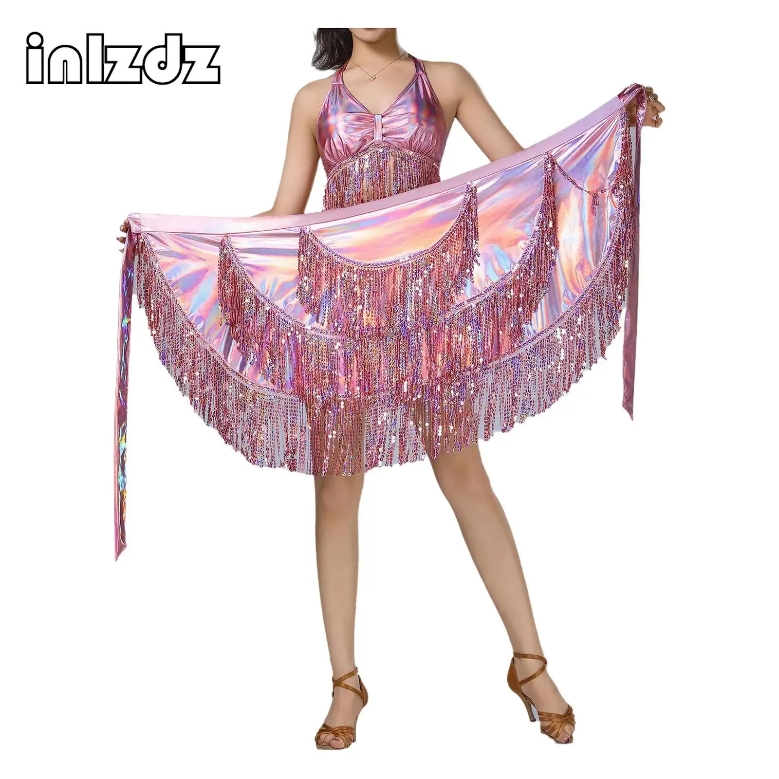 

Womens Sexy Belly Dance Sequin Tassel Dancewear Set Crop Top And Tiered Fringe Lace-up One-piece Skirt for Latin Chacha Ballroom