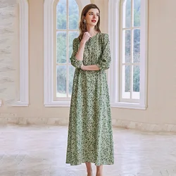 Natural Mulberry Silk Dress for Women, O-Neck, Elastic Waist, Slim Fit, Three Quarter Sleeve, Printing Midi Dress, WF2304