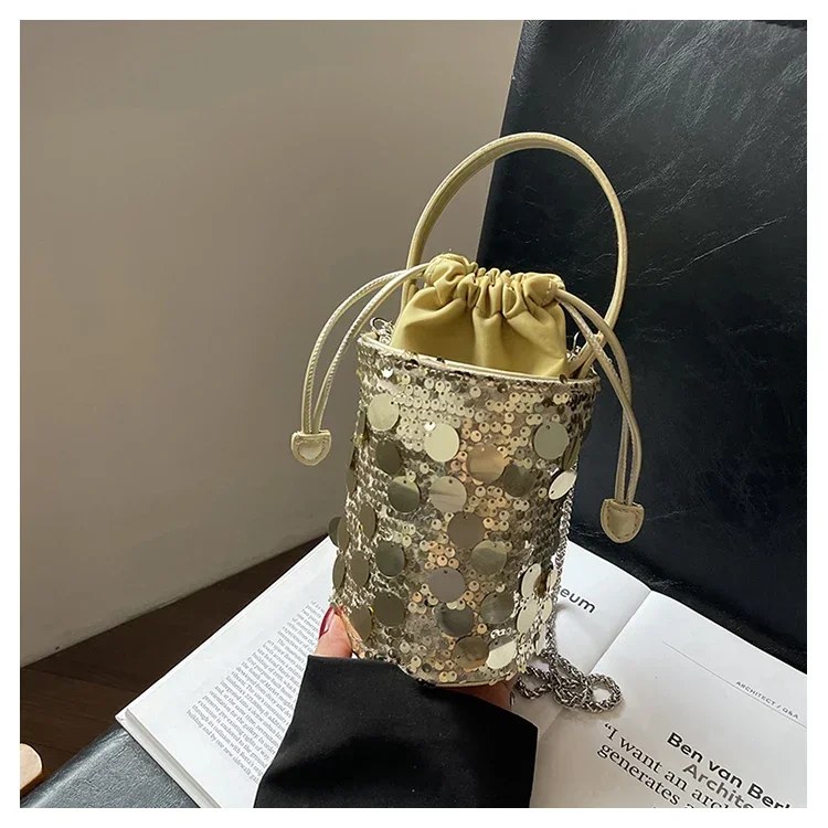 

Women's Bag Niche Sequin Decoration 2024 New Small Bucket Bag Chain Shoulder Handbag Fashionable and Versatile