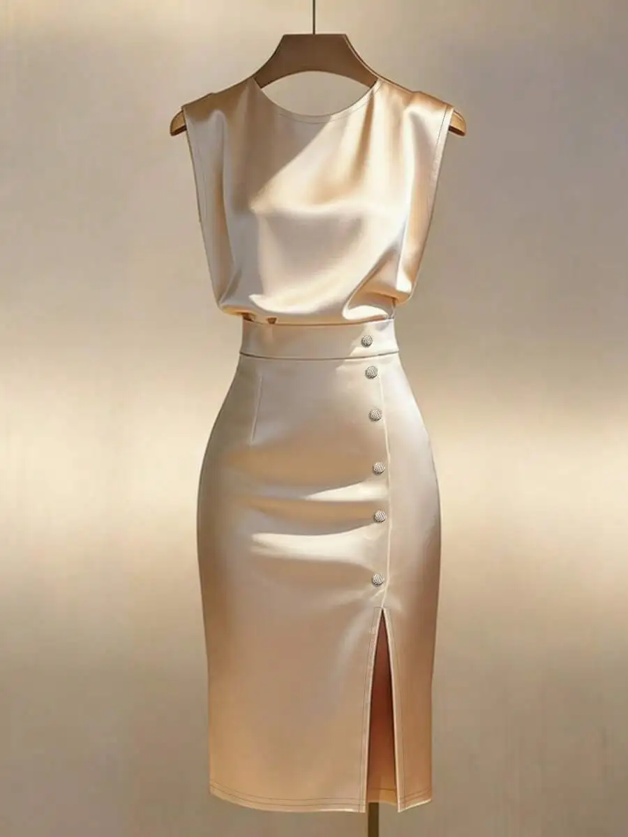 

Satin Sleeveless Waist Cinching Midi Dress With Front Slit