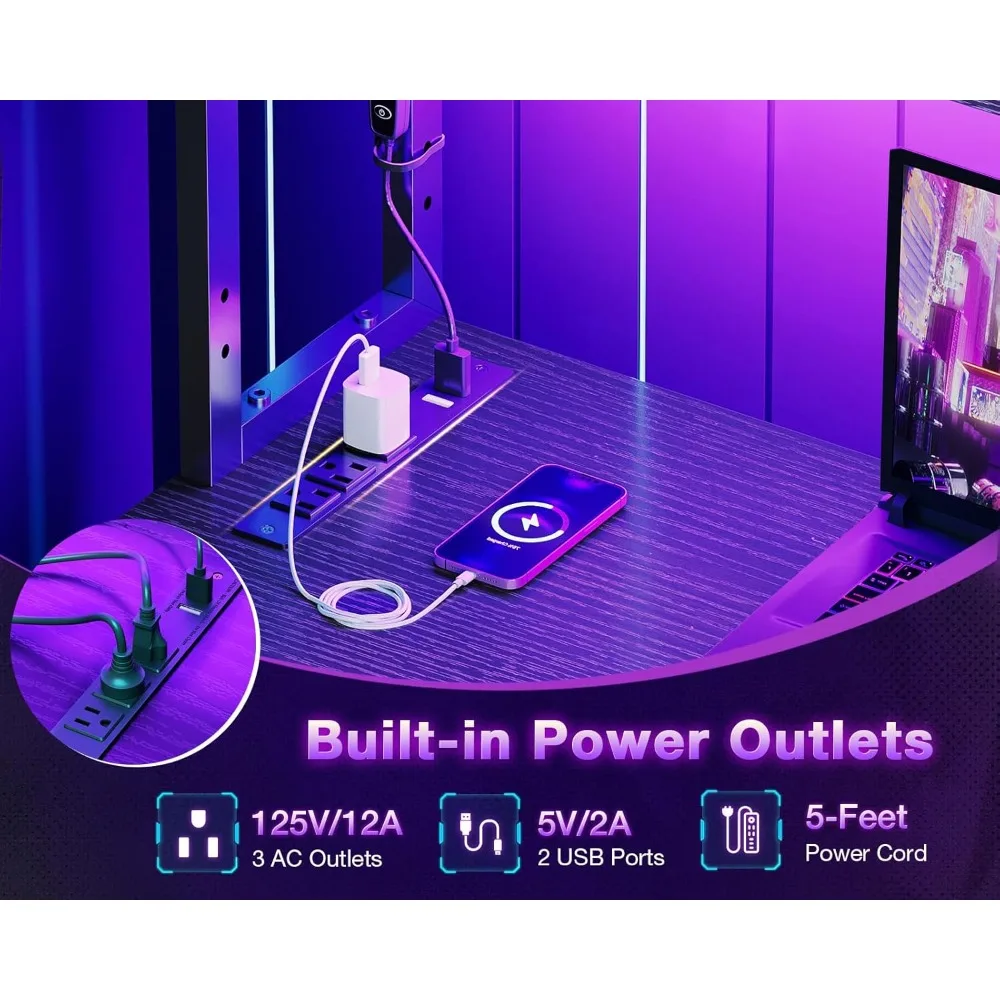 مكتب ألعاب على شكل حرف L مقاس 43 بوصة مع أضواء LED ومنافذ طاقة، وطاولة كمبيوتر قابلة للعكس مع مساحة تخزين للمكتب المنزلي