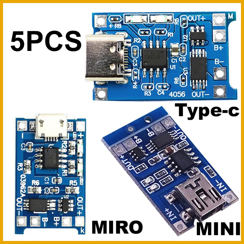 NEW 5PCS 5V 1A TYPE-C Micro USB 18650 TC4056A Lithium Battery Charging Board Charger discharge Module Protection Dual Functions