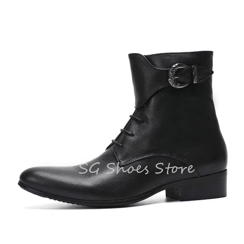 

Retro Pointed Toe Buckle Strap Chelsea Boots for Men Black Genuine Leather Ankle Boots Male High Top Slip-On Casual Shoes