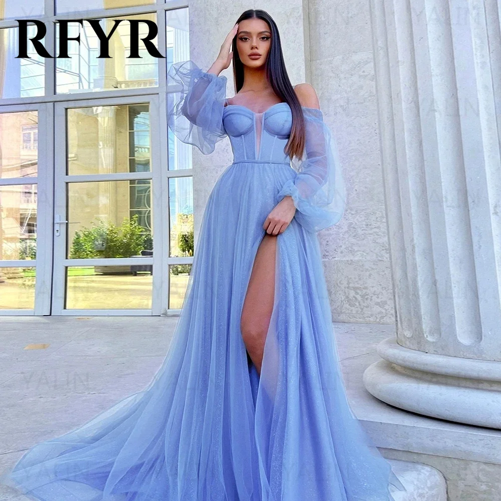 

RFYR Blue Evening Dresses Charming Tulle Puff Sleeves Prom Gown High Side Slit Spaghetti Straps Prom Dress Layered Tulle 프롬드레스