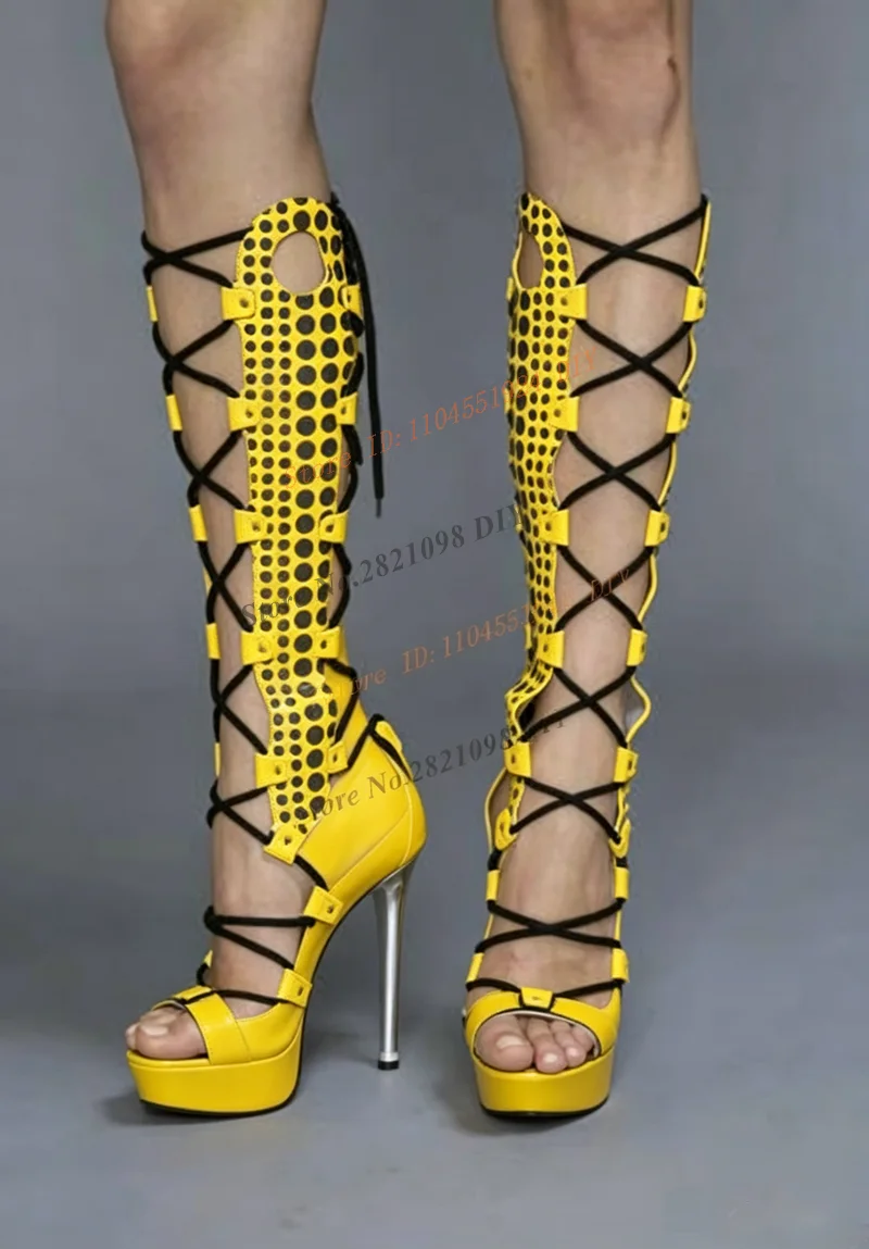 Checkered Stilettos Platform Thin High Heel Summer Boots Women Sexy Cross Tied Lace Up Mixed Colors Sandals Knee High Boots