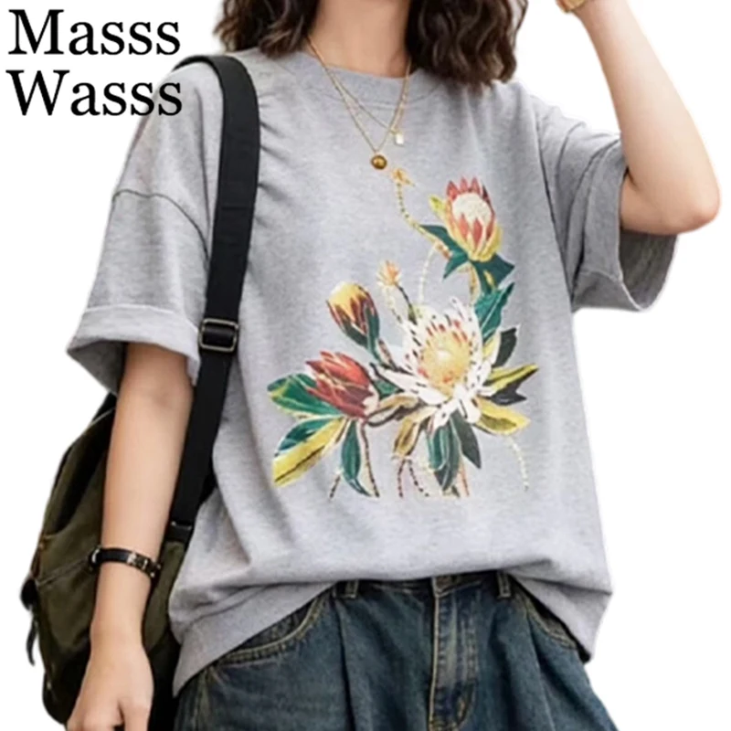 

Masss Wasss 2026 Summer Fashion Floral T-Shirts Females Japanese Design Loose O Neck Tops Womens Classic Vintage Causal Clothes