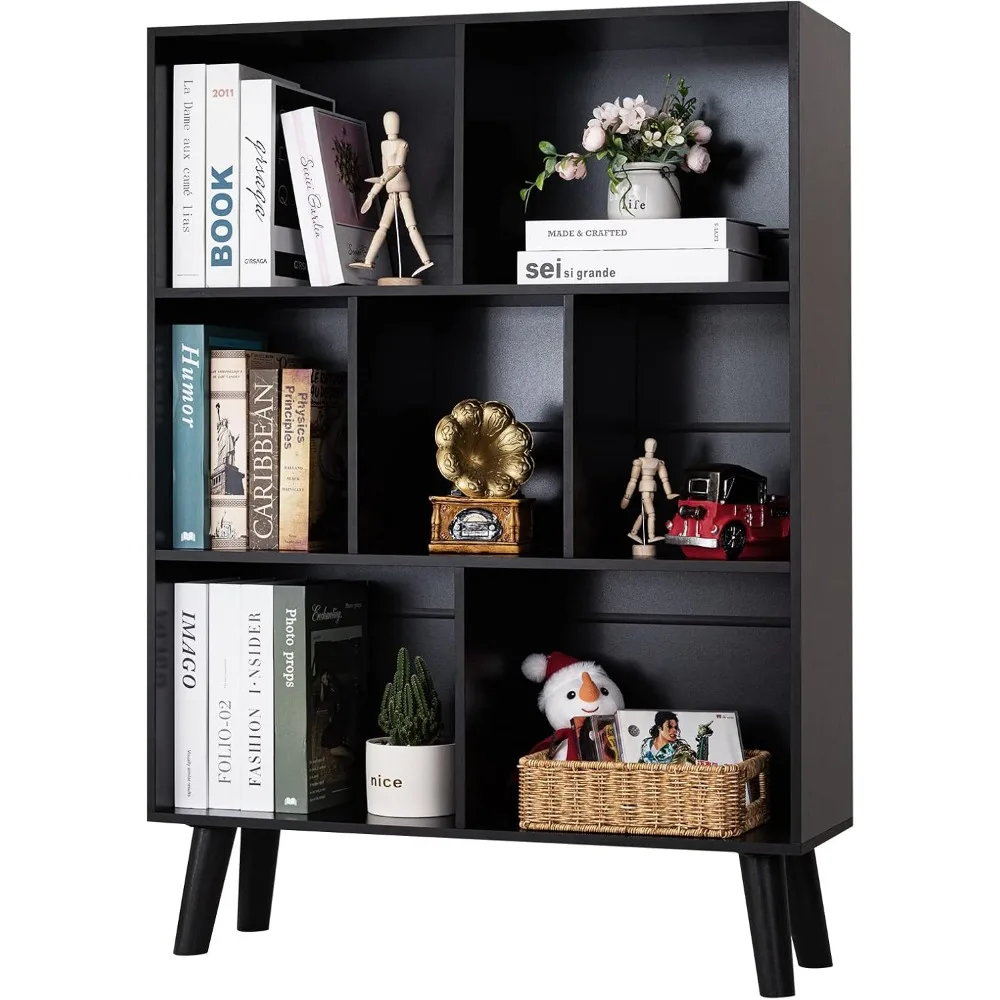 black bookshelf,3 tier modern bookcase with legs,bookshelves wood storage shelf, open book shelves cube organizer,freestanding