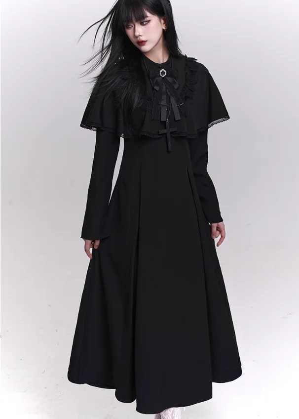 Autumn Winter Fashion High Waist Gothic Japanese Lace-up Black Dress Stand-up Collar Versatile Personality Long-sleeved Dresses