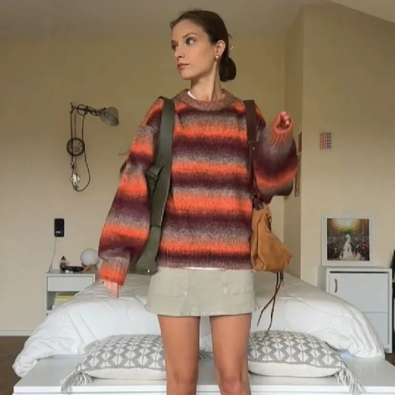 Women Gradient Color Striped Crew Neck Sweater Loose Drop Shoulder Lantern Sleeve Lazy Style Thick Knit Pullover Top