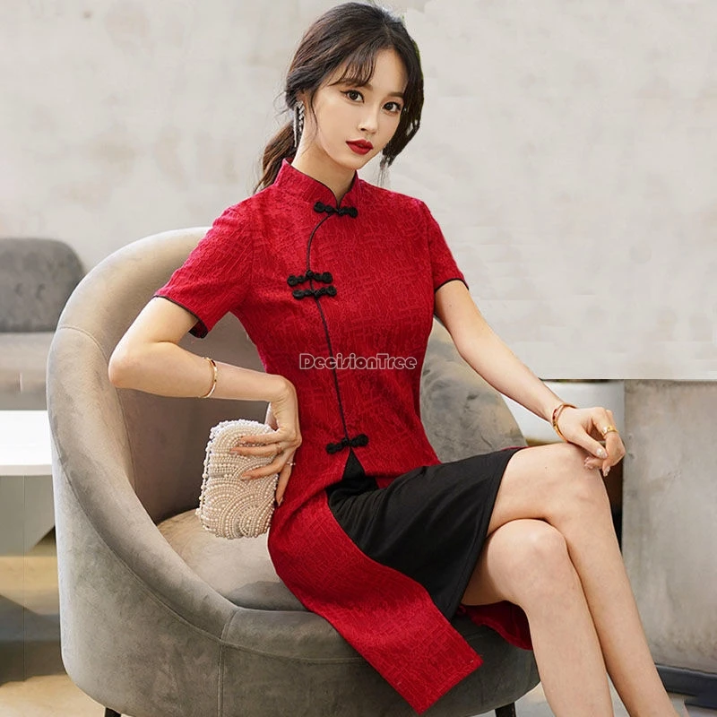 2024 summer new retro slimming improved cheongsam lace red dress women short sleeve fashion style two-layer design qipao dress