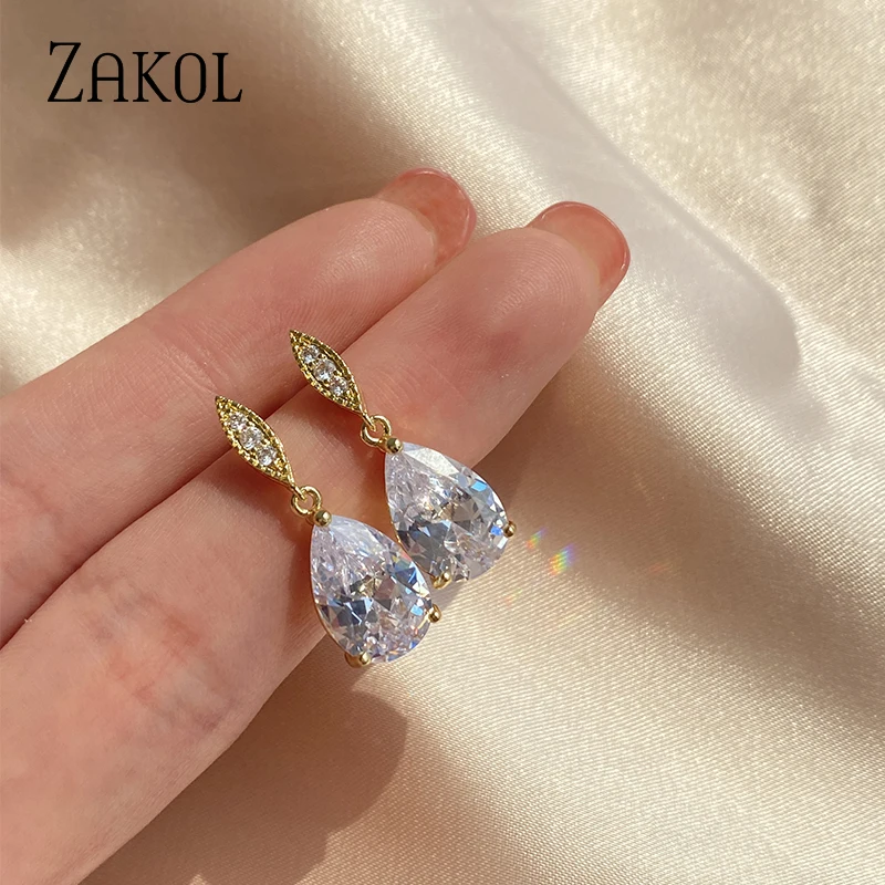 ZAKOL Nickle Free Fashion Water Drop Zircon Dangle Earrings for Women Simple Crystal Bridal Wedding Jewelry Wholesale EP2040