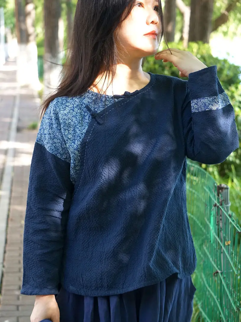 

Оригинальный китайский топ Svel с синей цветочной вышивкой, классический простой дизайн, женская осенняя модная блузка