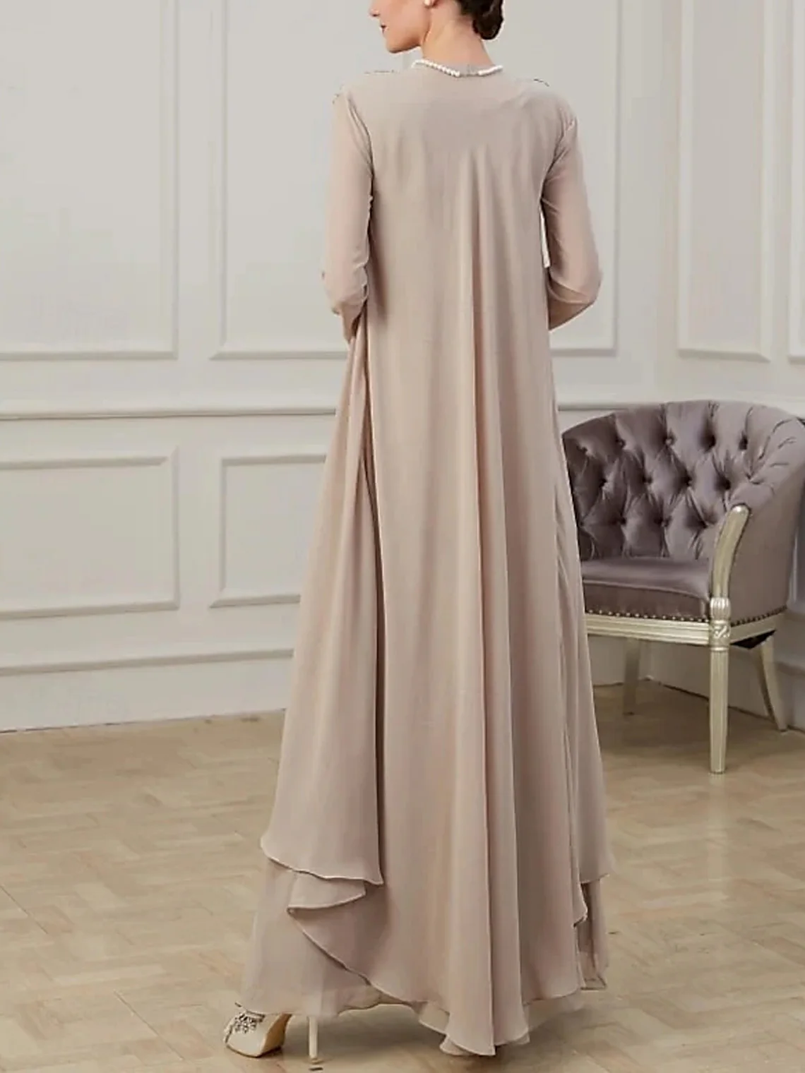 Elegante vestido de casamento de chiffon de duas peças com decote em v até o chão mangas compridas apliques mãe da noiva vestido 2025 frete grátis personalizado