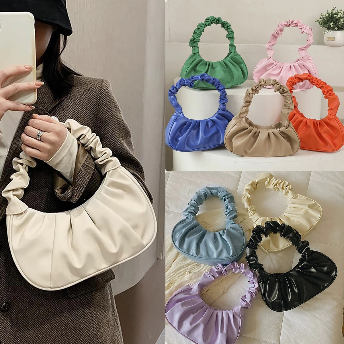 

Mini Solid Color Women Pleated Handbag, Solid Color Cloud & Crescent Design Women Shoulder Bag For Travel Party Work