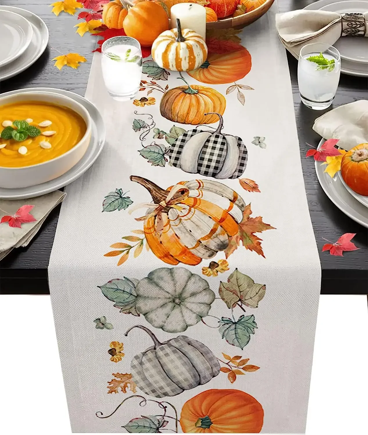 

Autumn Harvest Pumpkin Maple Leaves Linen Table Runners Party Decor Reusable Kitchen Dining Table Runner Thanksgiving Decoration