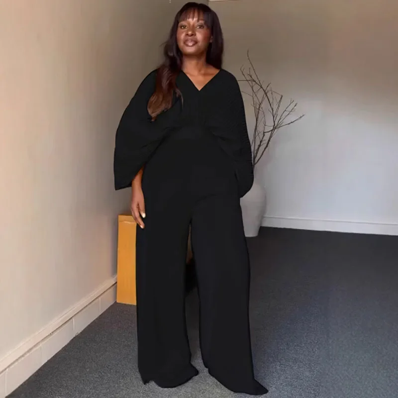 Solid Elegant Night Party Club Birhtday Outfit Women 2 Piece Set Loose Batwing Sleeve Pleat Top and Wide Leg Pants Matching Sets