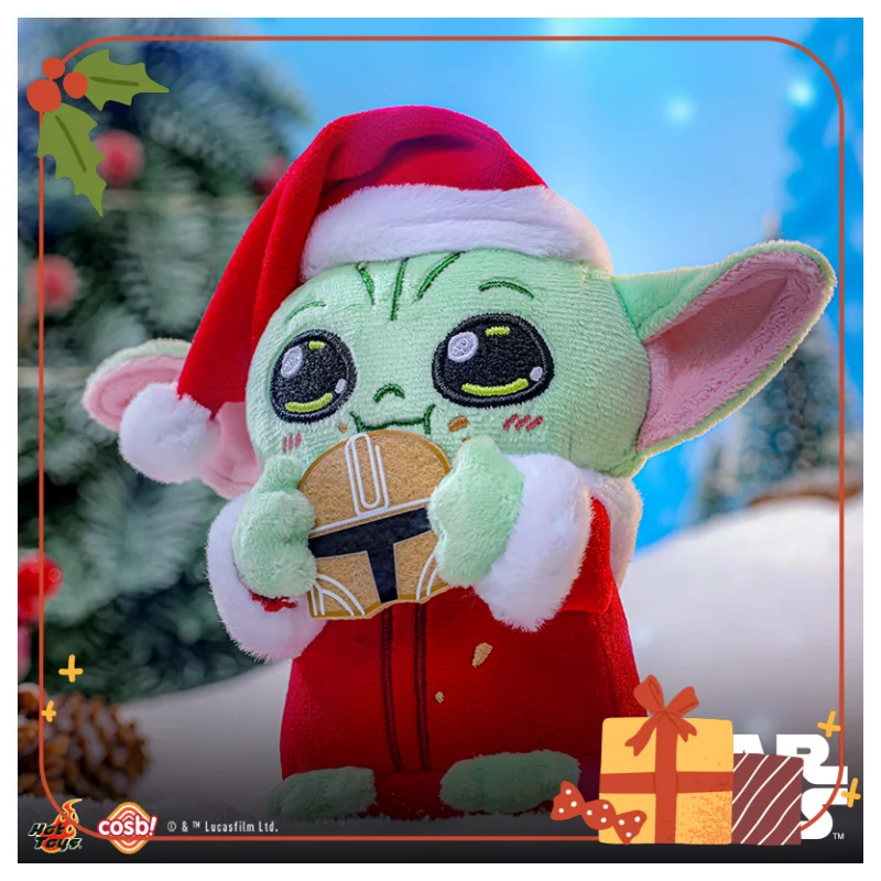 Genuine HotToys Cosbi Winter Holiday Grogg Baby Yoda Plush Keychain Furry Toy Pendant Collectibles Trendy Gift Christmas Decor
