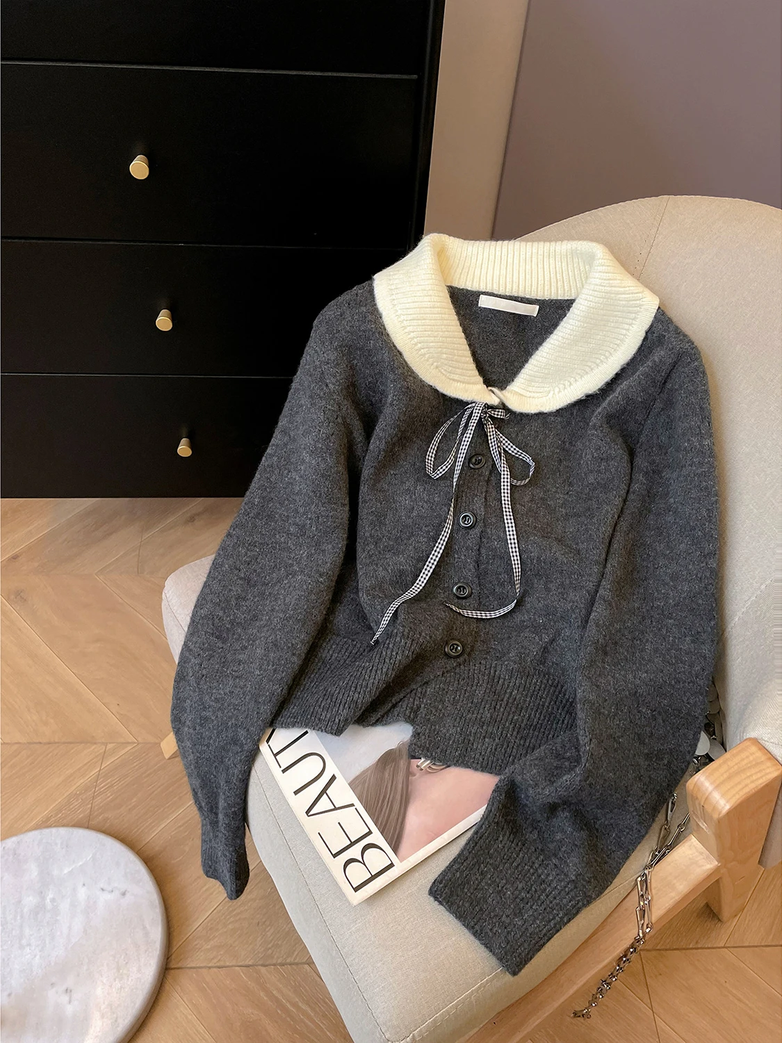 

Korean Sle Sweet Doll Collar Knot Tied Knitted Open Cardigan Women's Early Spring New Color Blo Sweater Top
