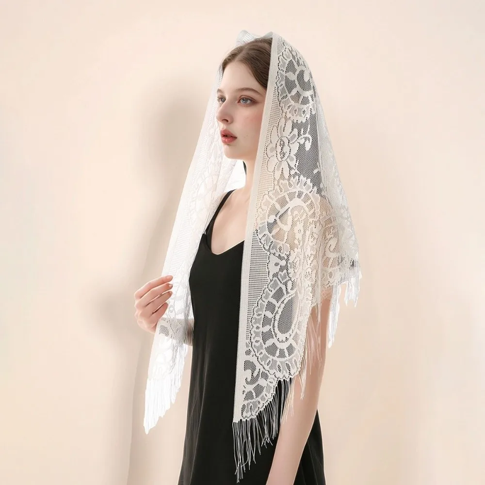 Elegant Pure Color Lace Scarf Hollow Mesh Transparent Triangle Scarf with Tassels Lady Capes Wraps