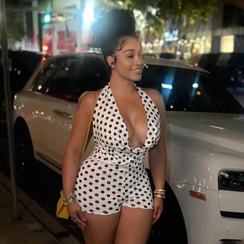 

2026 Fashion Trends Woman Clothing Polka Dot Romper Halter Cowl Neck Open Back Playsuit Summer Casual Jumpsuit Streetwear