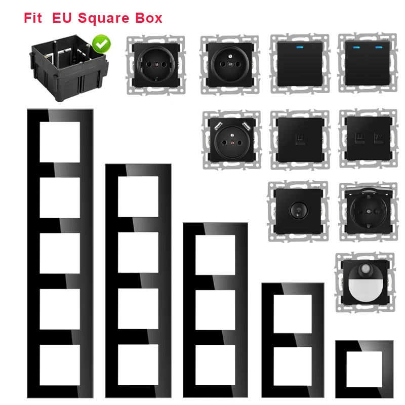 Jhjch 벽걸이 모듈 DIY 유럽 표준 블랙 유리 패널 소켓 스위치 버튼 무료 조합 기능