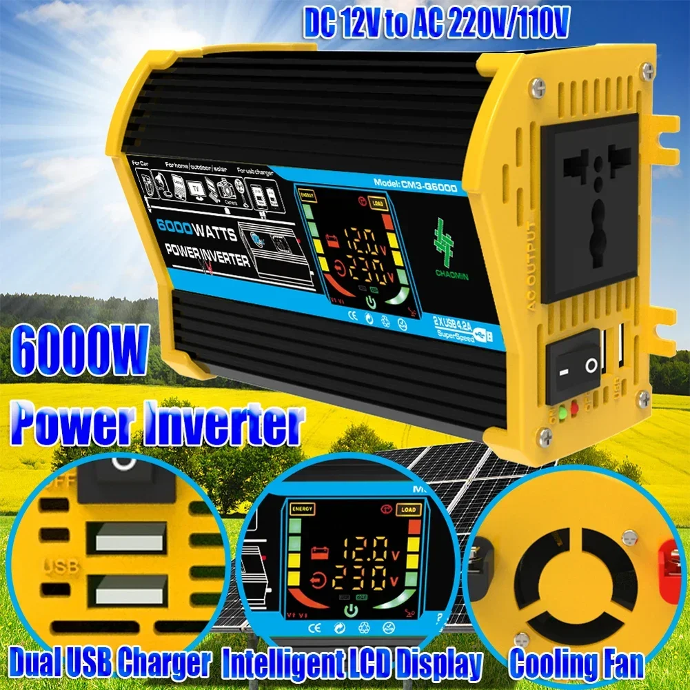 6000W Car Inverter Modified Sine Wave Voltage Transformer Power Converter DC 12V To AC 110V 220V LCD Display Dual USB Port