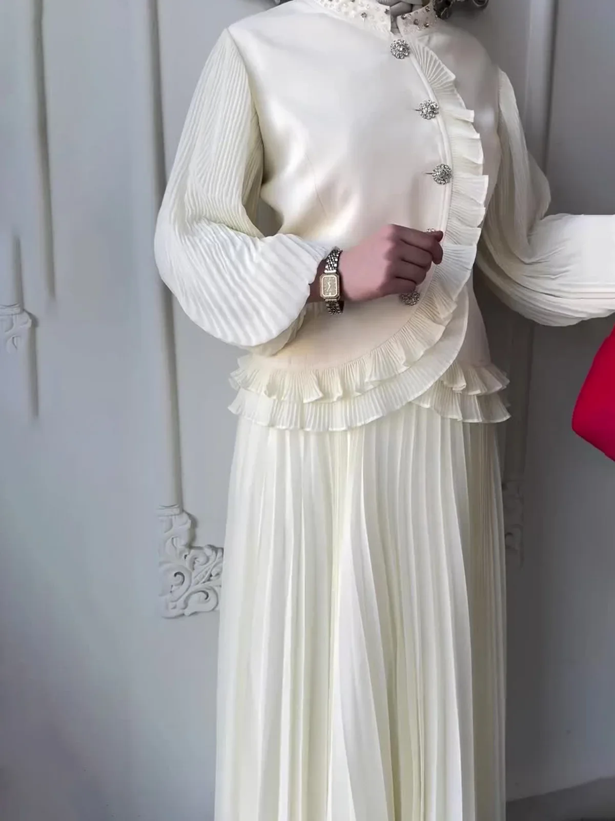 2 Piece Set Women Top Skirt Eid Muslim Abaya Pleated Skirt Sets Ramadan Jalabiya Dubai Arab Morocco Musulman Ensembles Solid